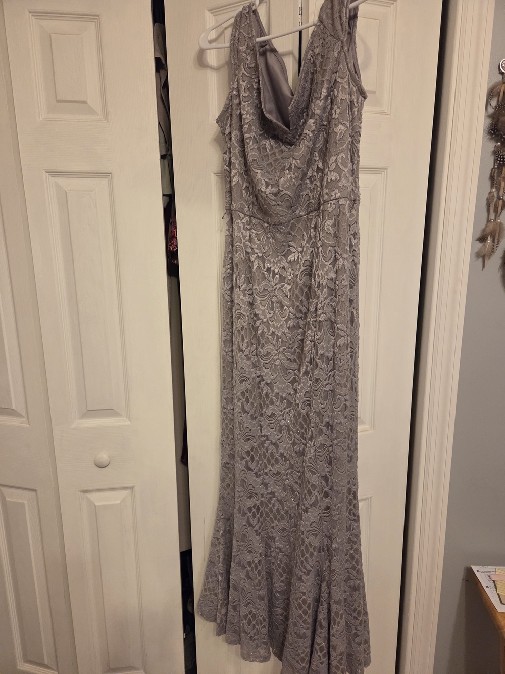 Lace Cowl-Neck Maxi Dress in Light Gray